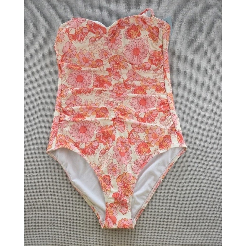 Shade & Shore Peachy Pink Bandeau Swimsuit Floral Size LG (696)